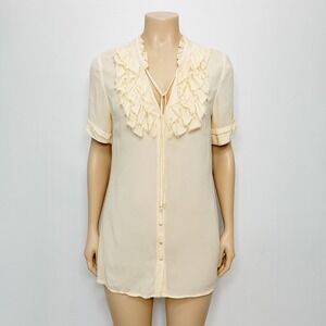 Project Alabama Silk‎ Cream Ruffle Front Button Blouse Top Women's Size 12
